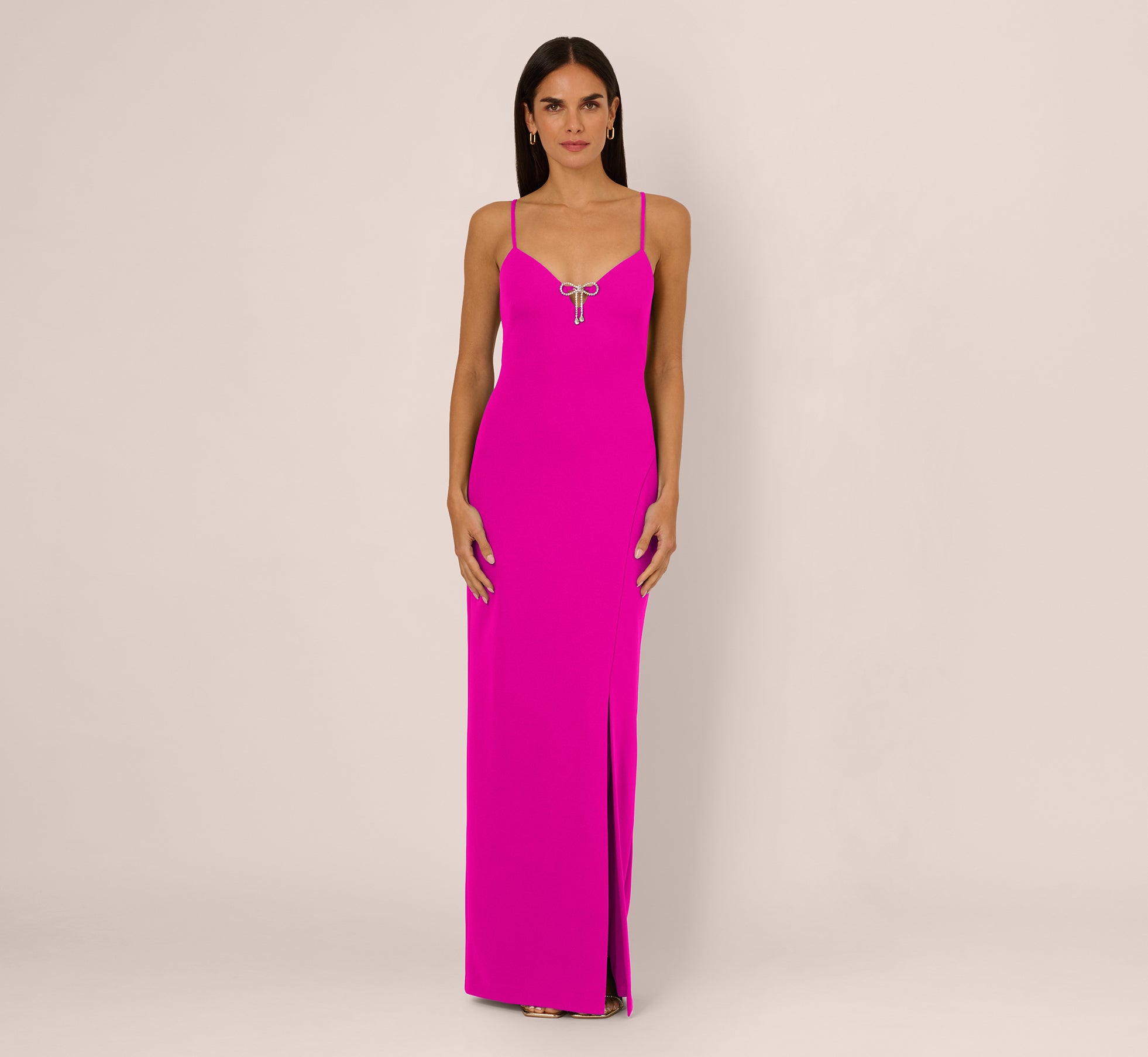 Sleeveless Knit Crepe Rhinestone Bow Column Gown In Pink Flame 1