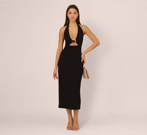 Halter Buckle Detail Midi Dress In Black