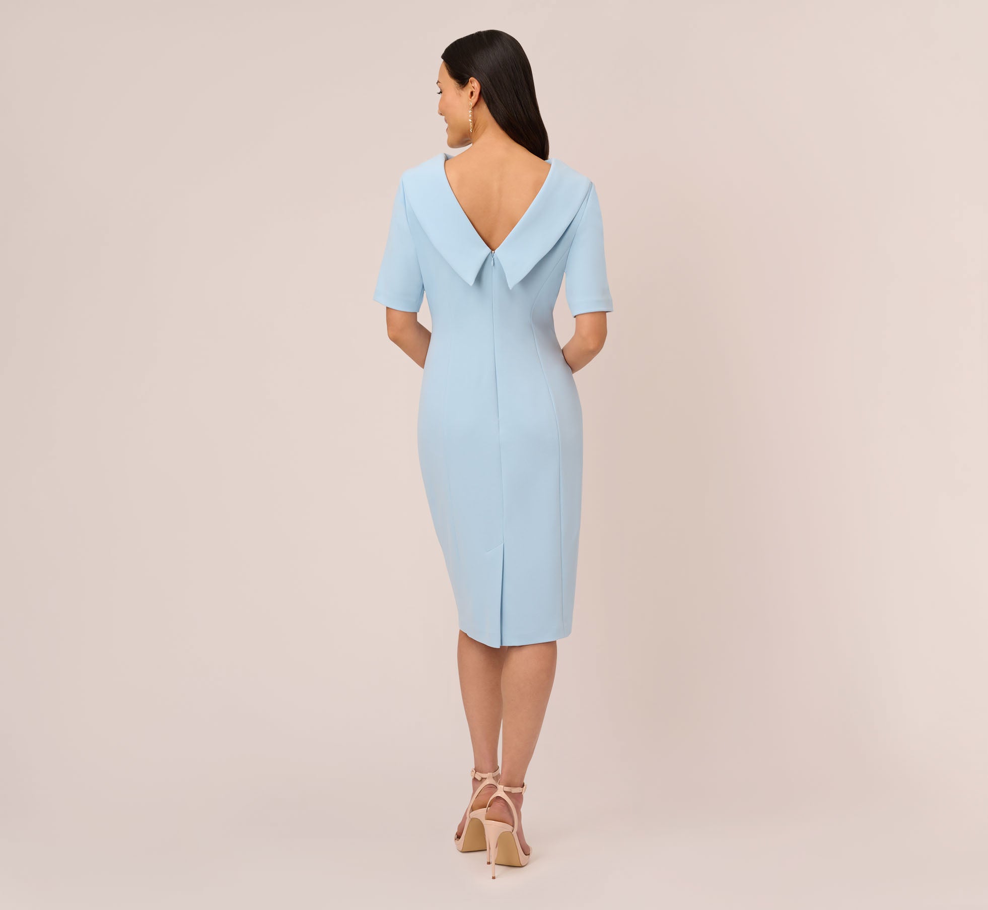 Short Sleeve Crepe Dress With Rolled Neck In Blue Mist Adrianna Papell