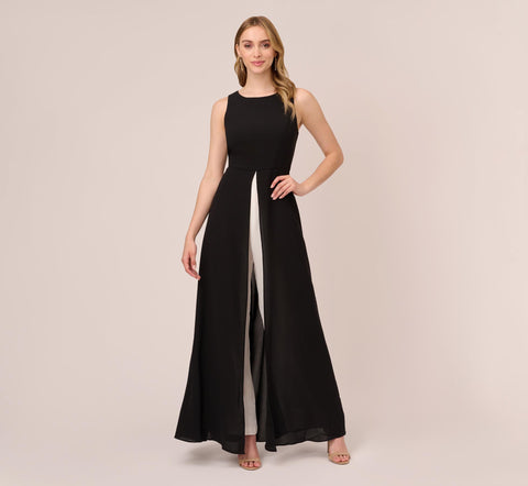 Colorblock Jumpsuit With Skirt Overlay In Black Ivory Adrianna Papell