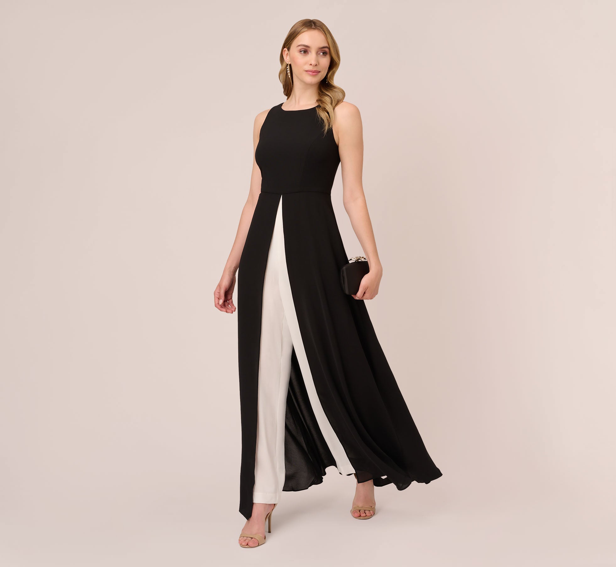 Colorblock Jumpsuit With Skirt Overlay In Black Ivory | Adrianna