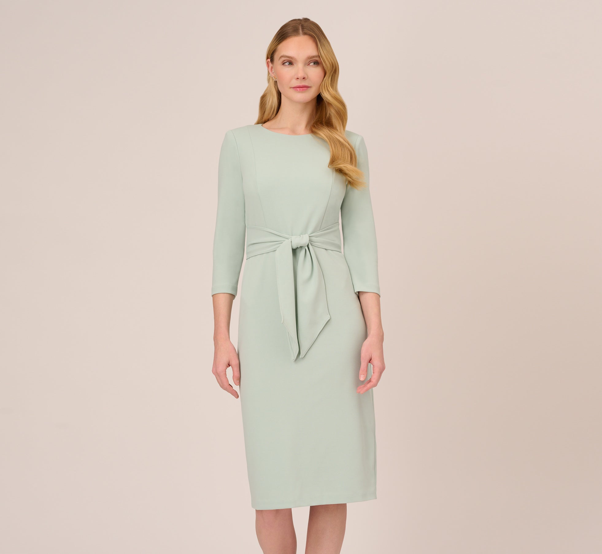 Knit Crepe Bow Sheath Dress With Three Quarter Sleeves In Icy Sage