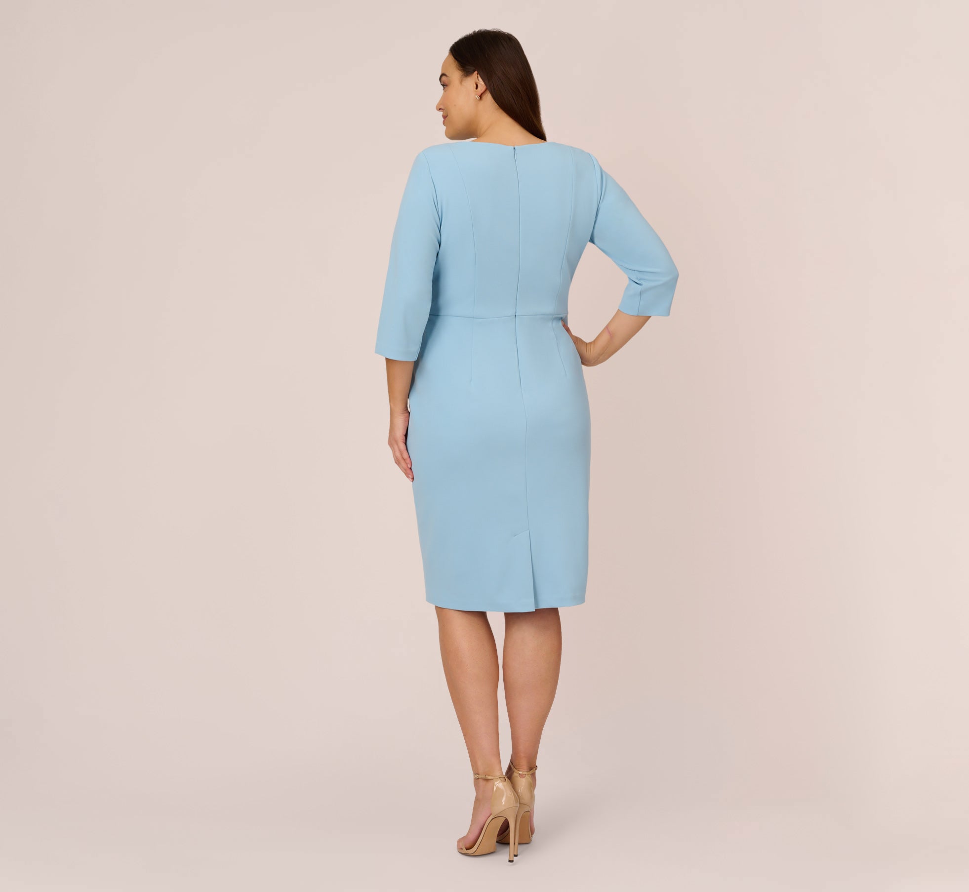 Plus Size Knit Crepe Bow Sheath Dress With Three Quarter Sleeves