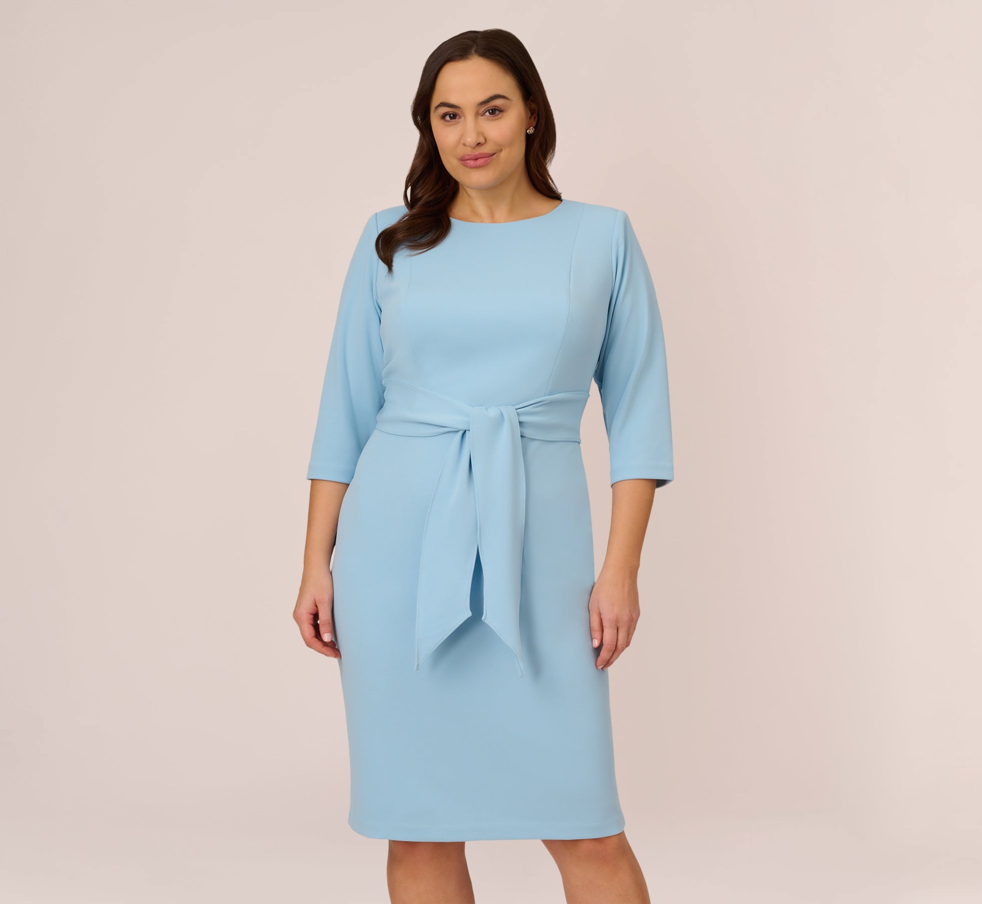 Plus Size Knit Crepe Bow Sheath Dress With Three Quarter Sleeves