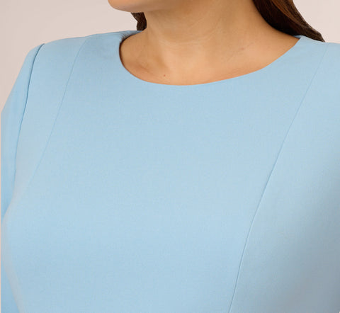 Plus Size Knit Crepe Bow Sheath Dress With Three Quarter Sleeves In Blue Mist