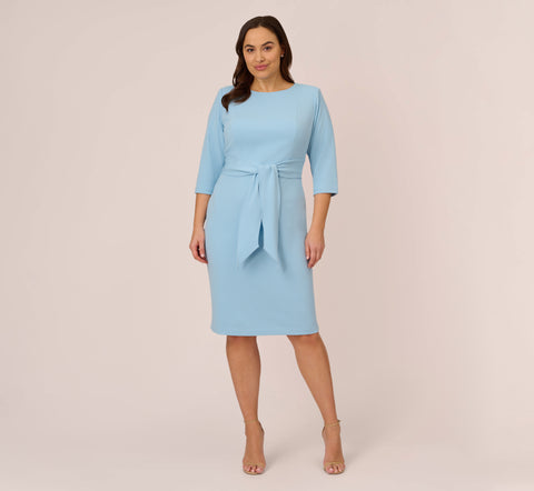 Plus Size Knit Crepe Bow Sheath Dress With Three Quarter Sleeves In Blue Mist