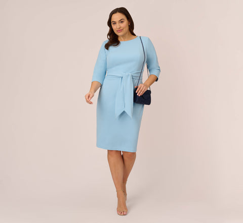 Plus Size Knit Crepe Bow Sheath Dress With Three Quarter Sleeves In Blue Mist