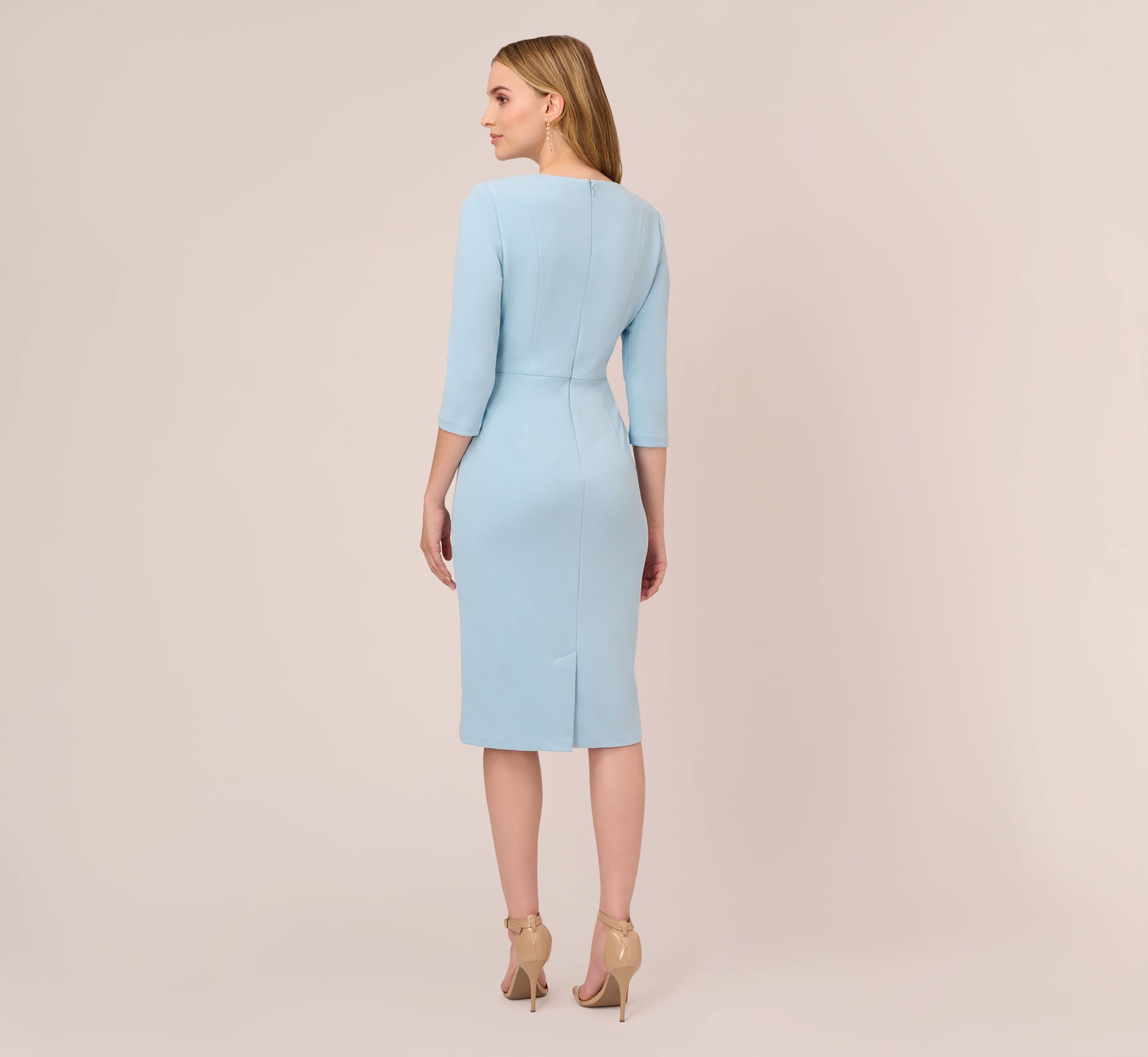 Knit Crepe Bow Sheath Dress With Three Quarter Sleeves In Blue