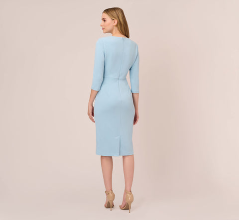 Knit Crepe Bow Sheath Dress With Three Quarter Sleeves In Blue Mist