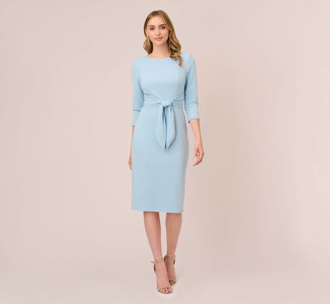 Knit Crepe Bow Sheath Dress With Three Quarter Sleeves In Blue Mist