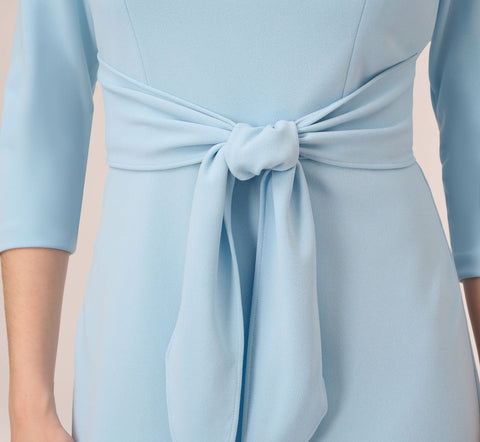 Knit Crepe Bow Sheath Dress With Three Quarter Sleeves In Blue Mist