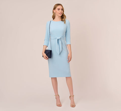 Knit Crepe Bow Sheath Dress With Three Quarter Sleeves In Blue Mist ...