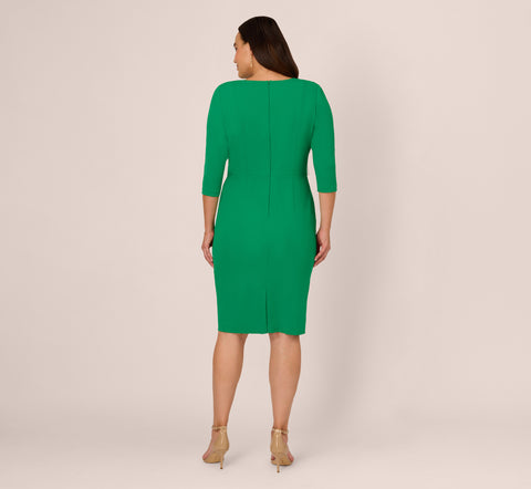 Plus Size Knit Crepe Bow Sheath Dress With Three Quarter Sleeves In Vivid Green