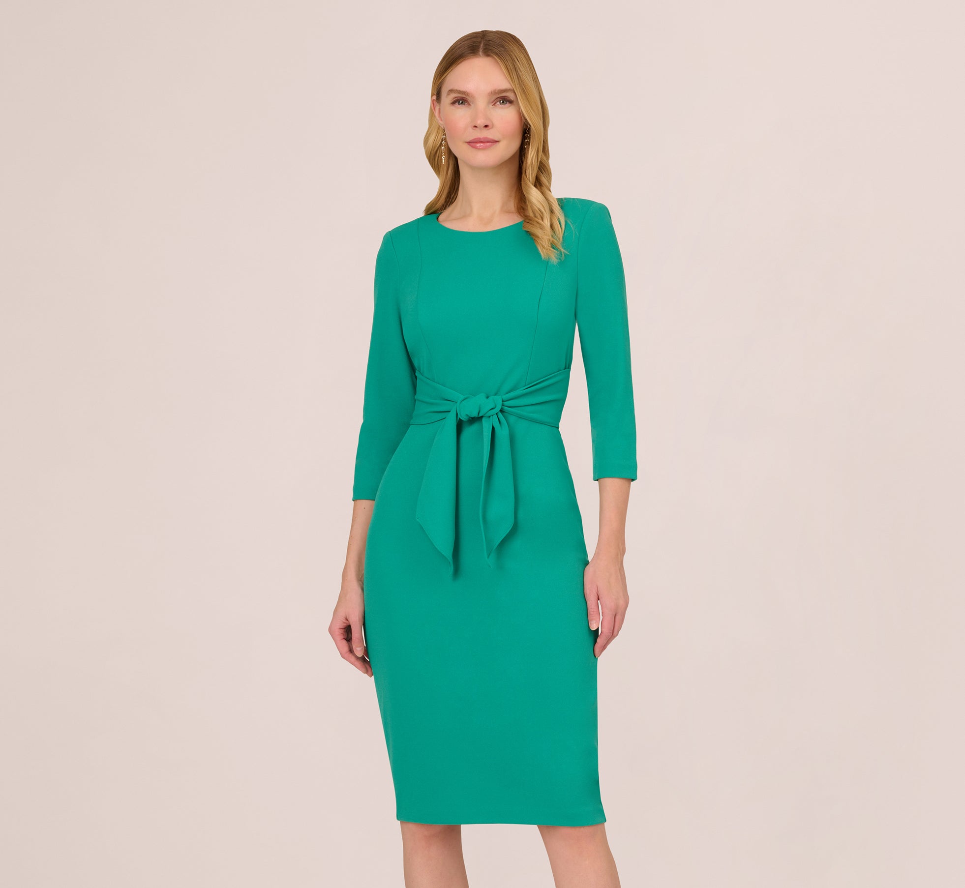 Knit Crepe Bow Sheath Dress With Three Quarter Sleeves In Botanic Green 1