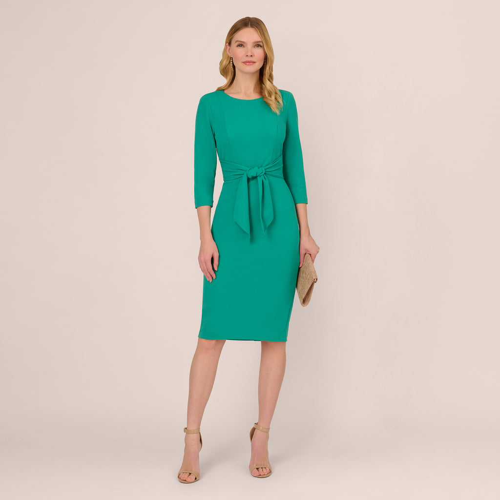 Knit Crepe Bow Sheath Dress With Three Quarter Sleeves In Botanic Gree