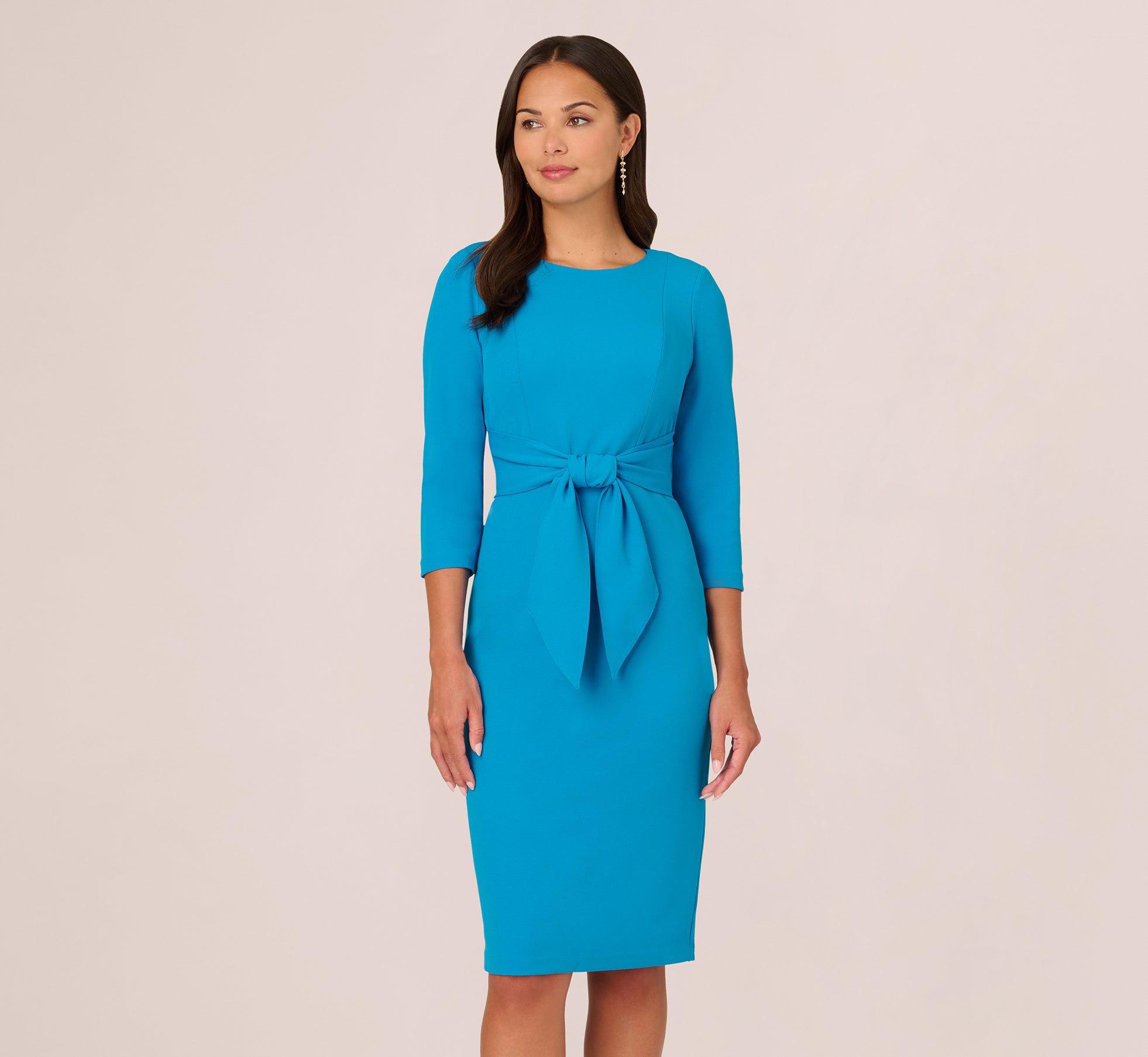 Knit Crepe Bow Sheath Dress With Three Quarter Sleeves In Blue Coast 1