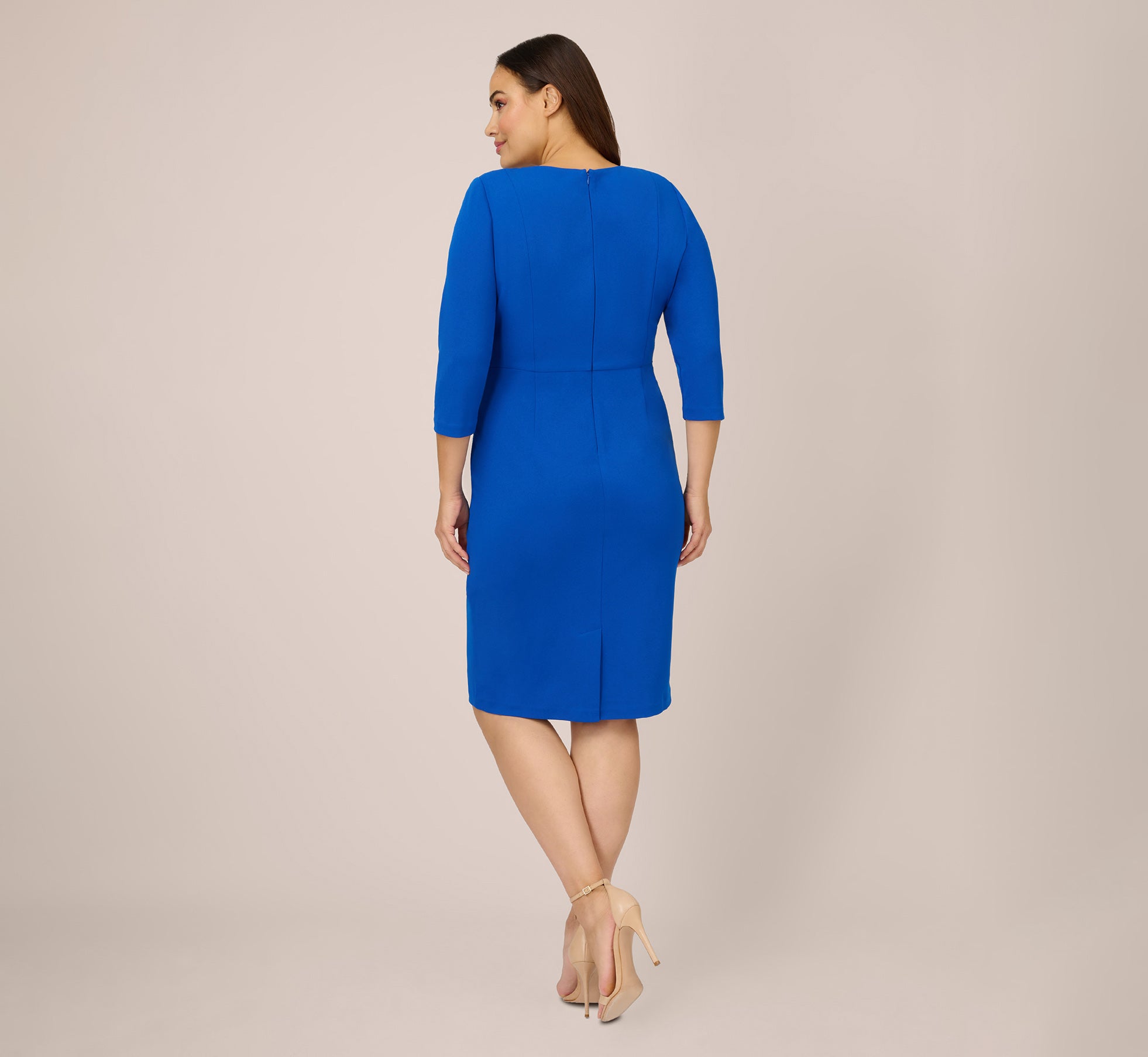 Plus Size Knit Crepe Bow Sheath Dress With Three Quarter Sleeves