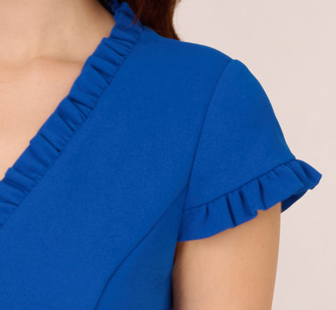 Short Sleeve Sheath Dress With Ruffle Trim In Cobalt Blue