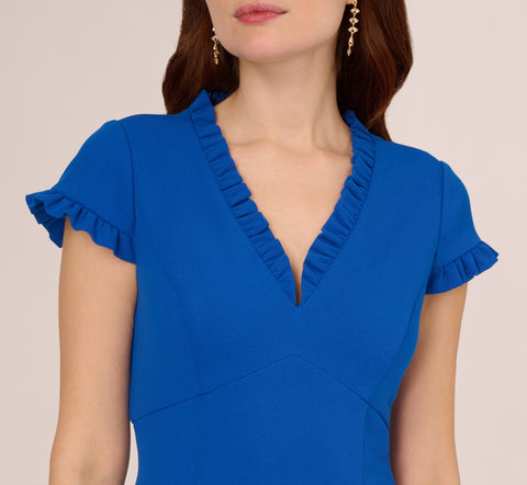 Short Sleeve Sheath Dress With Ruffle Trim In Cobalt Blue