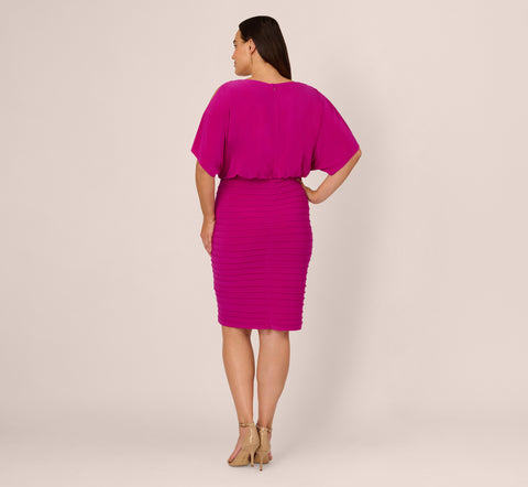 Plus Size Blouson Pintucked Dress With Cold Shoulder Sleeves In Hot Magenta