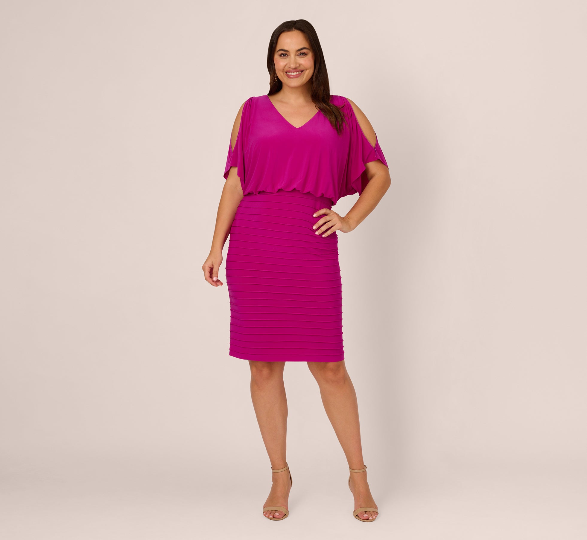 Plus Size Blouson Pintucked Dress With Cold Shoulder Sleeves In Hot Magenta 1