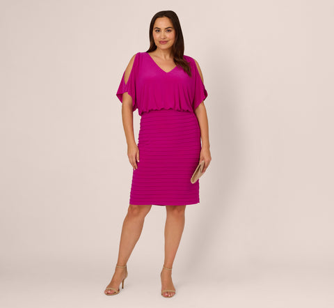 Plus Size Blouson Pintucked Dress With Cold Shoulder Sleeves In Hot Magenta