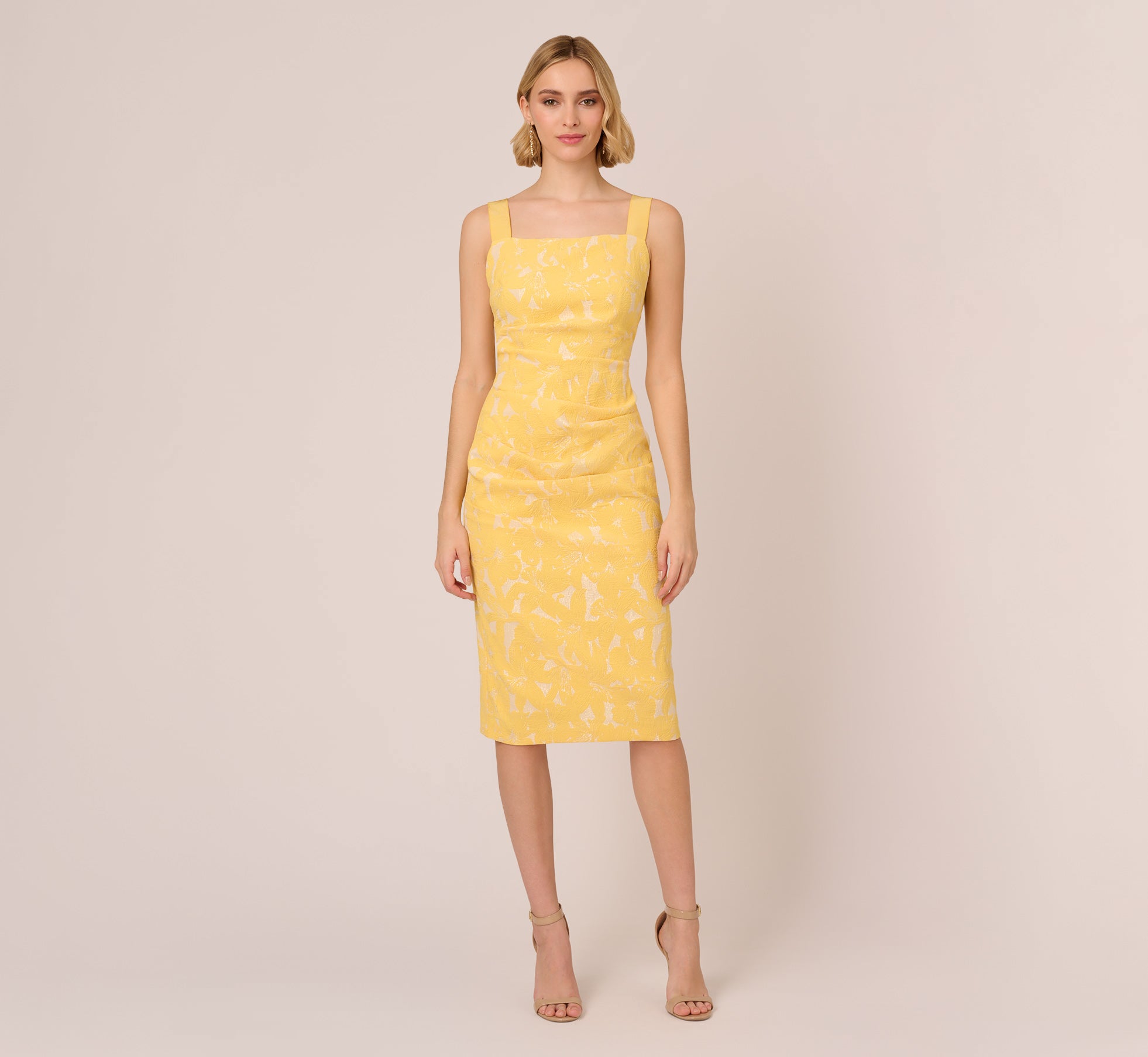 Hibiscus Jacquard Sheath Dress With Tucked Details In Sun