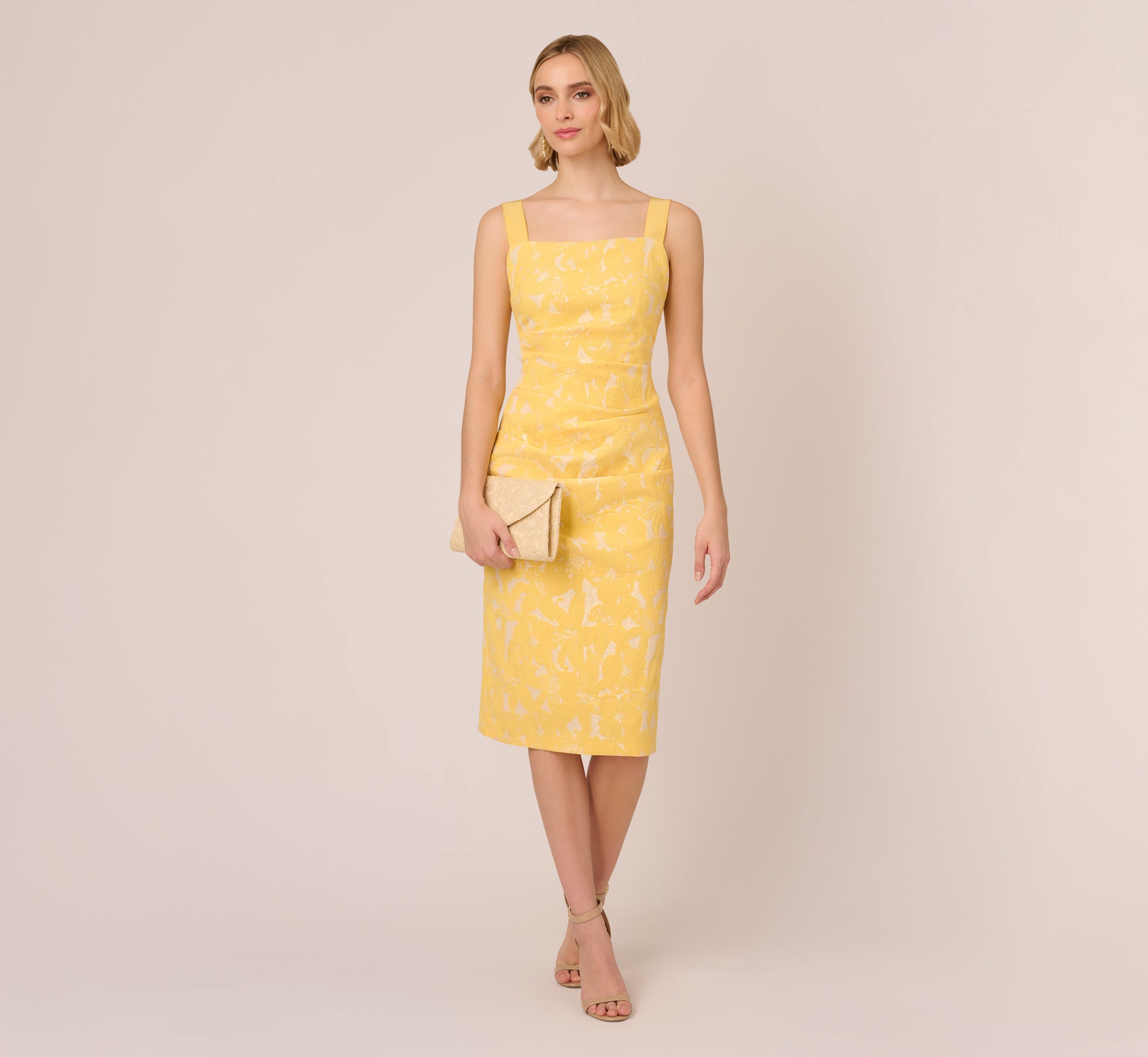 Hibiscus Jacquard Sheath Dress With Tucked Details In Sun