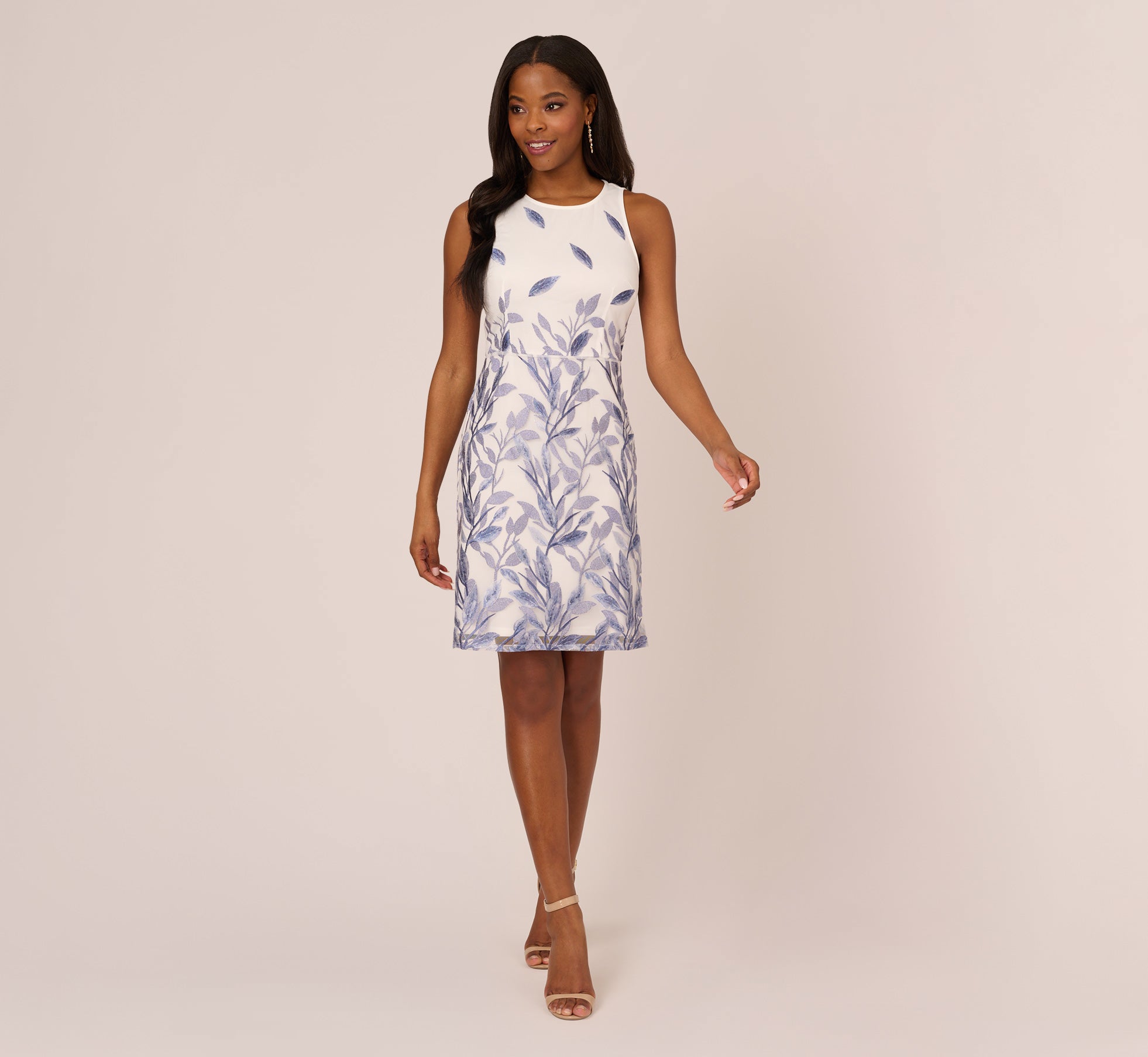 Leaf Embroidered A Line Dress In Blue Multi Adrianna Papell