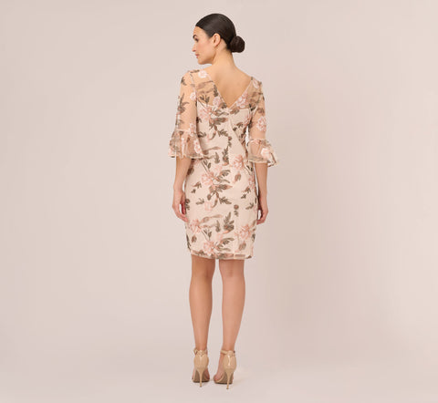 Floral Embroidered Bell Sleeve Sheath Dress In Blush Multi