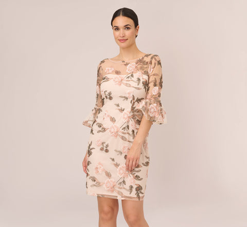 Floral Embroidered Bell Sleeve Sheath Dress In Blush Multi