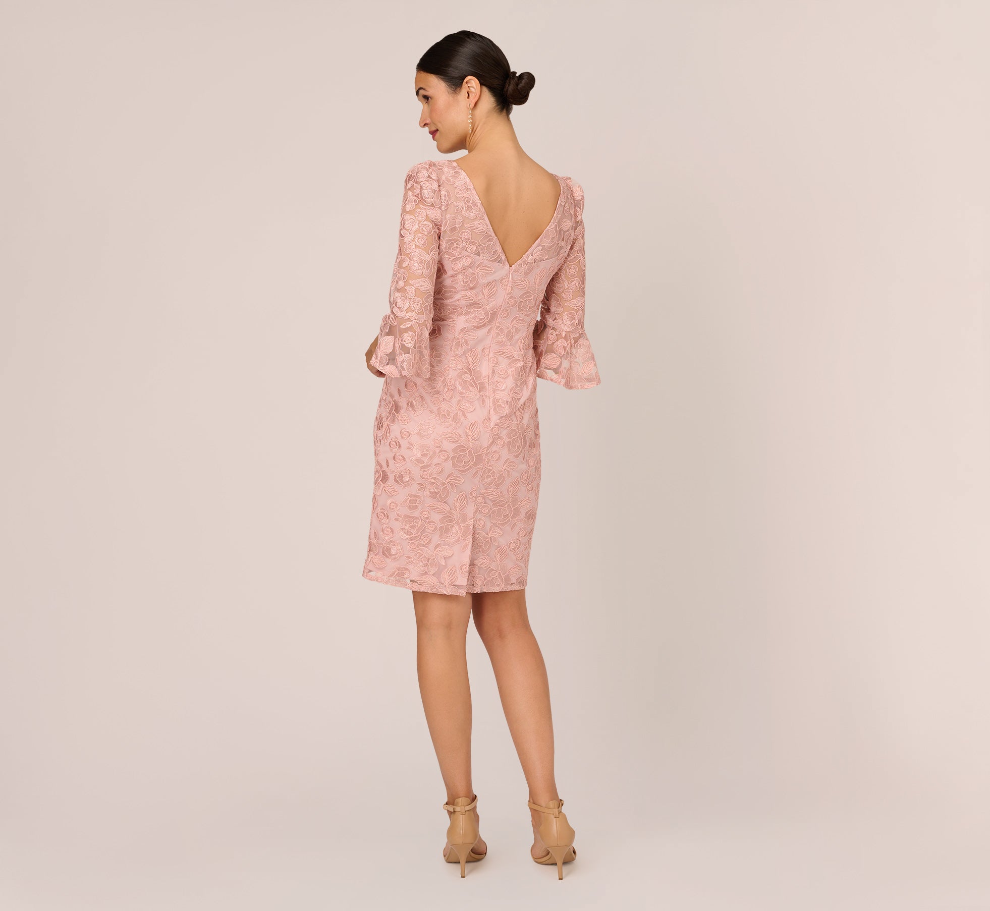 Bell Sleeve Rose Embroidered Sheath Dress In Dusty Rose Adrianna