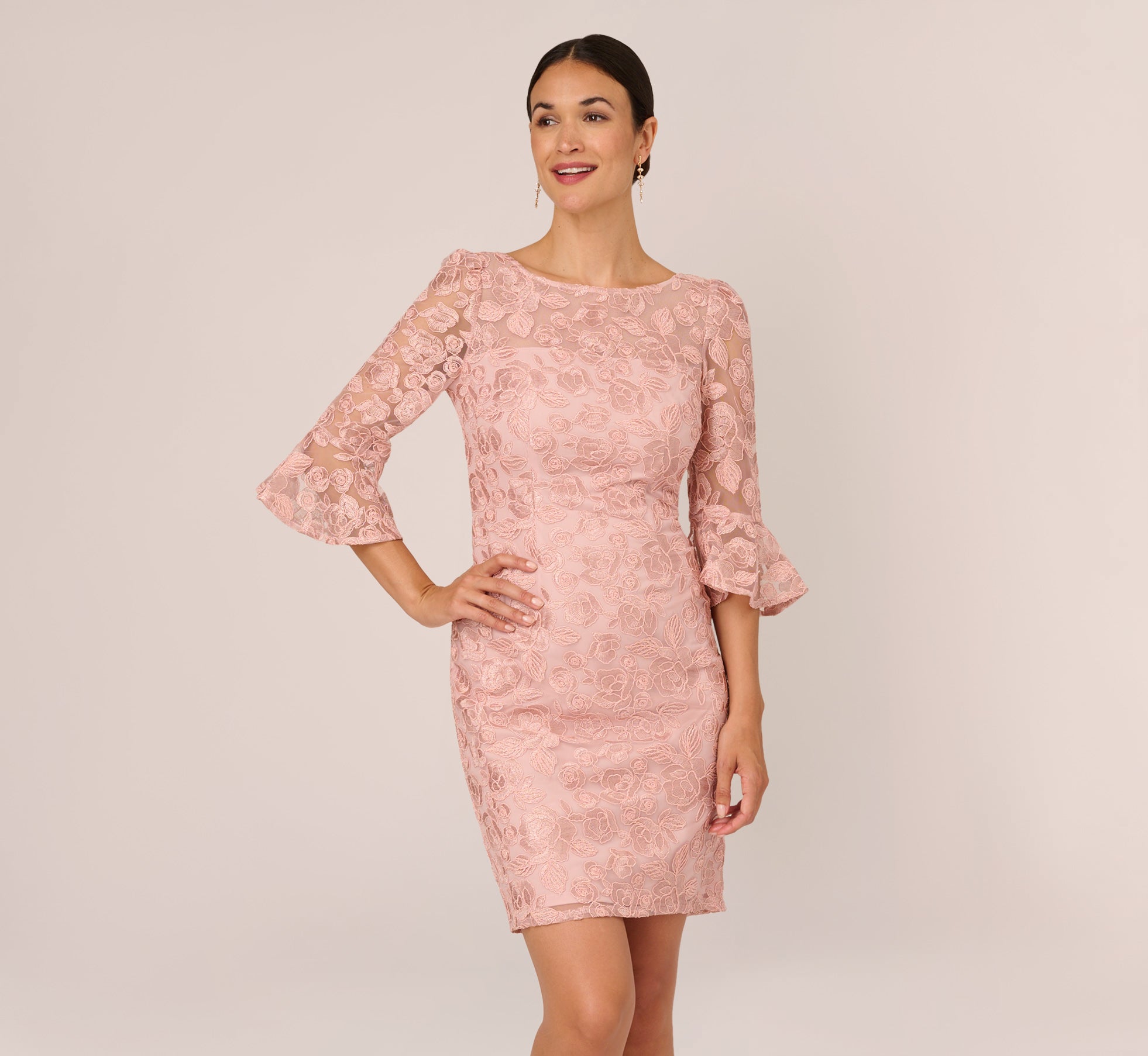 Bell Sleeve Rose Embroidered Sheath Dress In Dusty Rose Adrianna