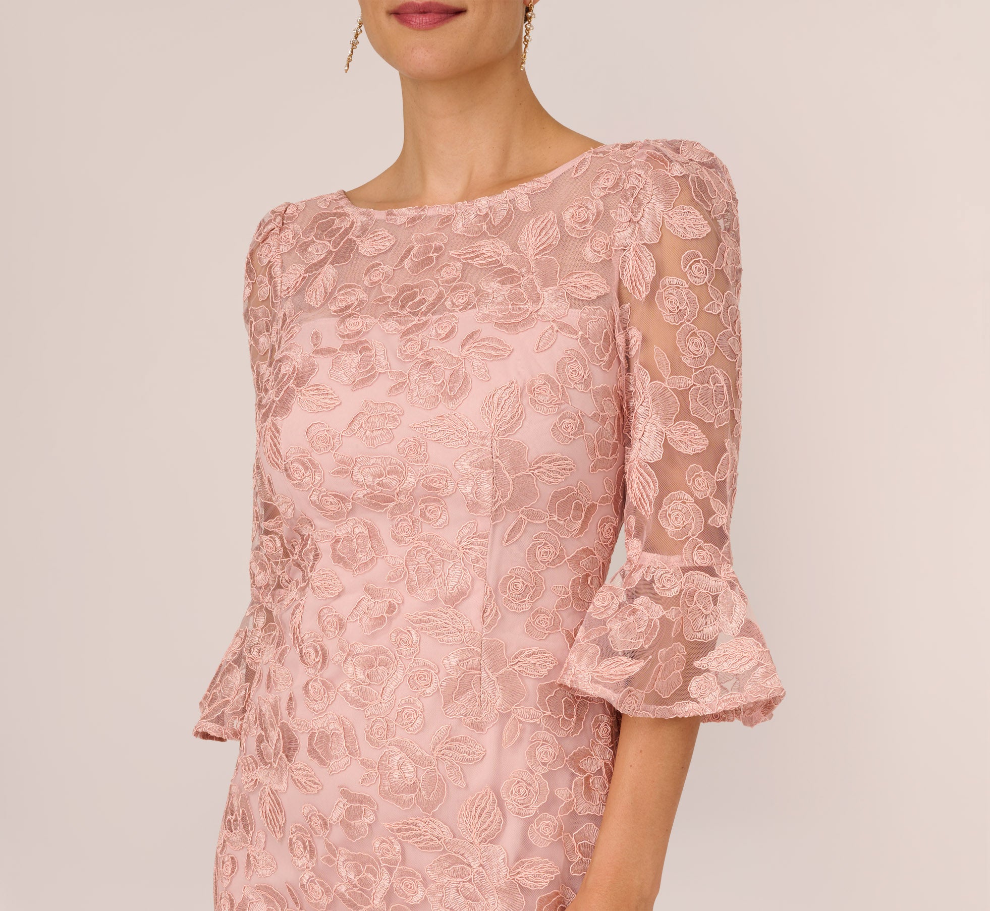 Bell Sleeve Rose Embroidered Sheath Dress In Dusty Rose | Adrianna