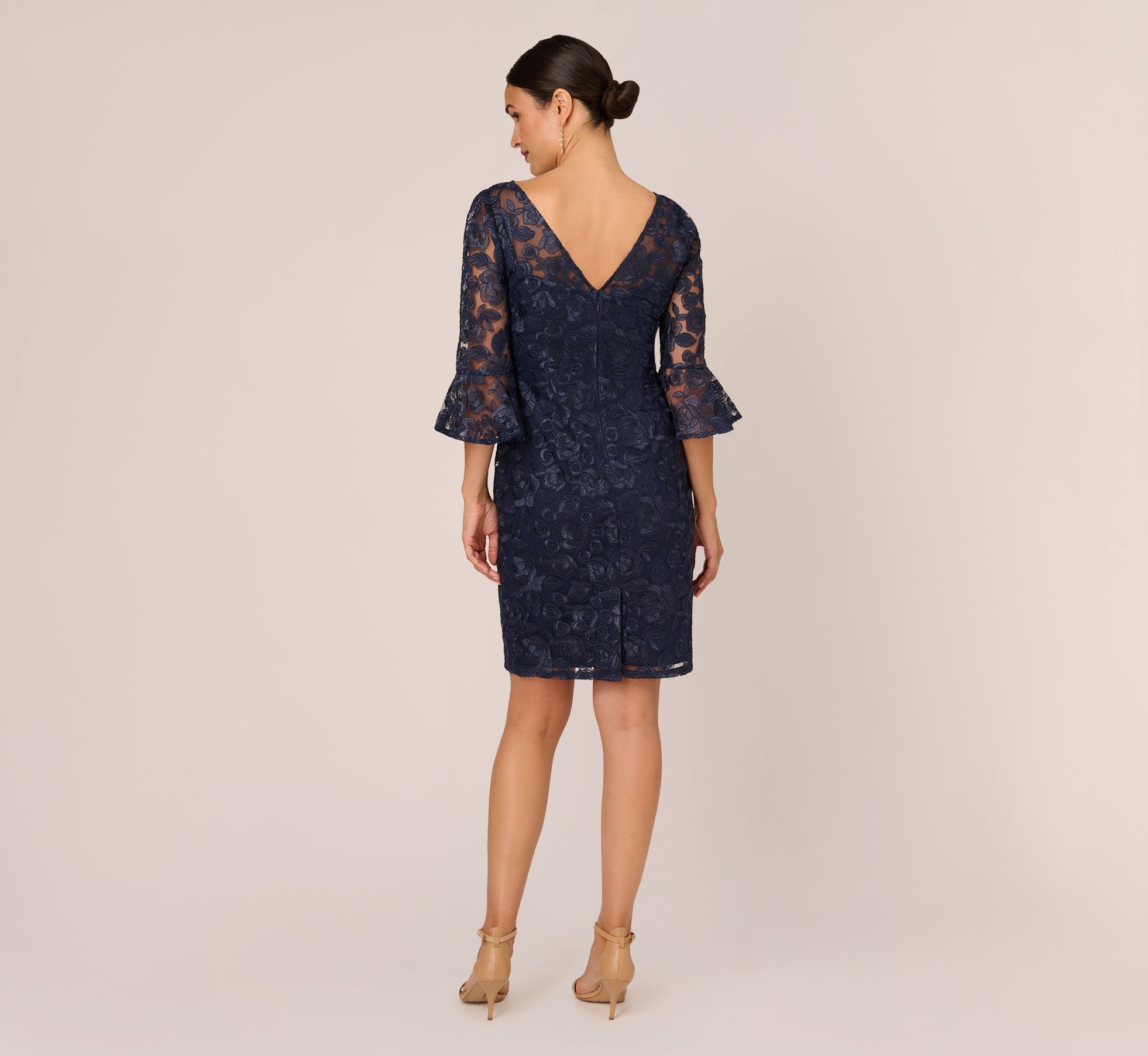 Bell Sleeve Rose Embroidered Sheath Dress In Midnight Adrianna