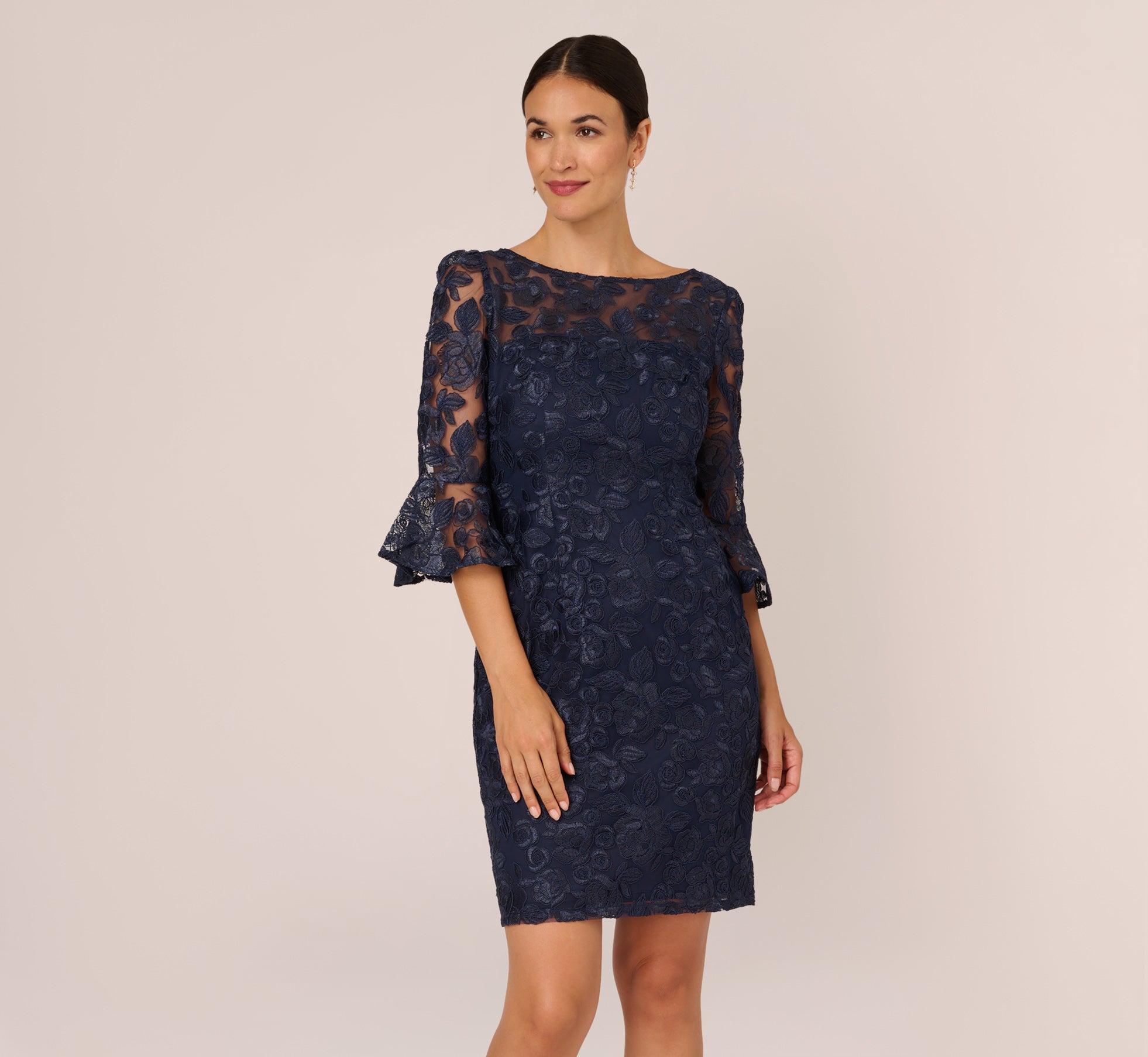 Bell Sleeve Rose Embroidered Sheath Dress In Midnight Adrianna