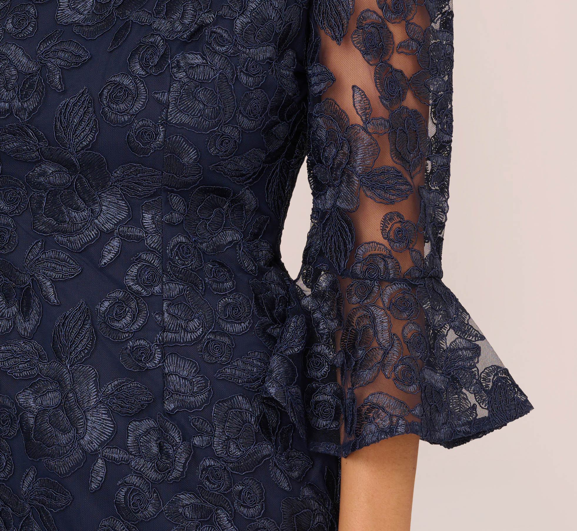 Bell Sleeve Rose Embroidered Sheath Dress In Midnight Adrianna