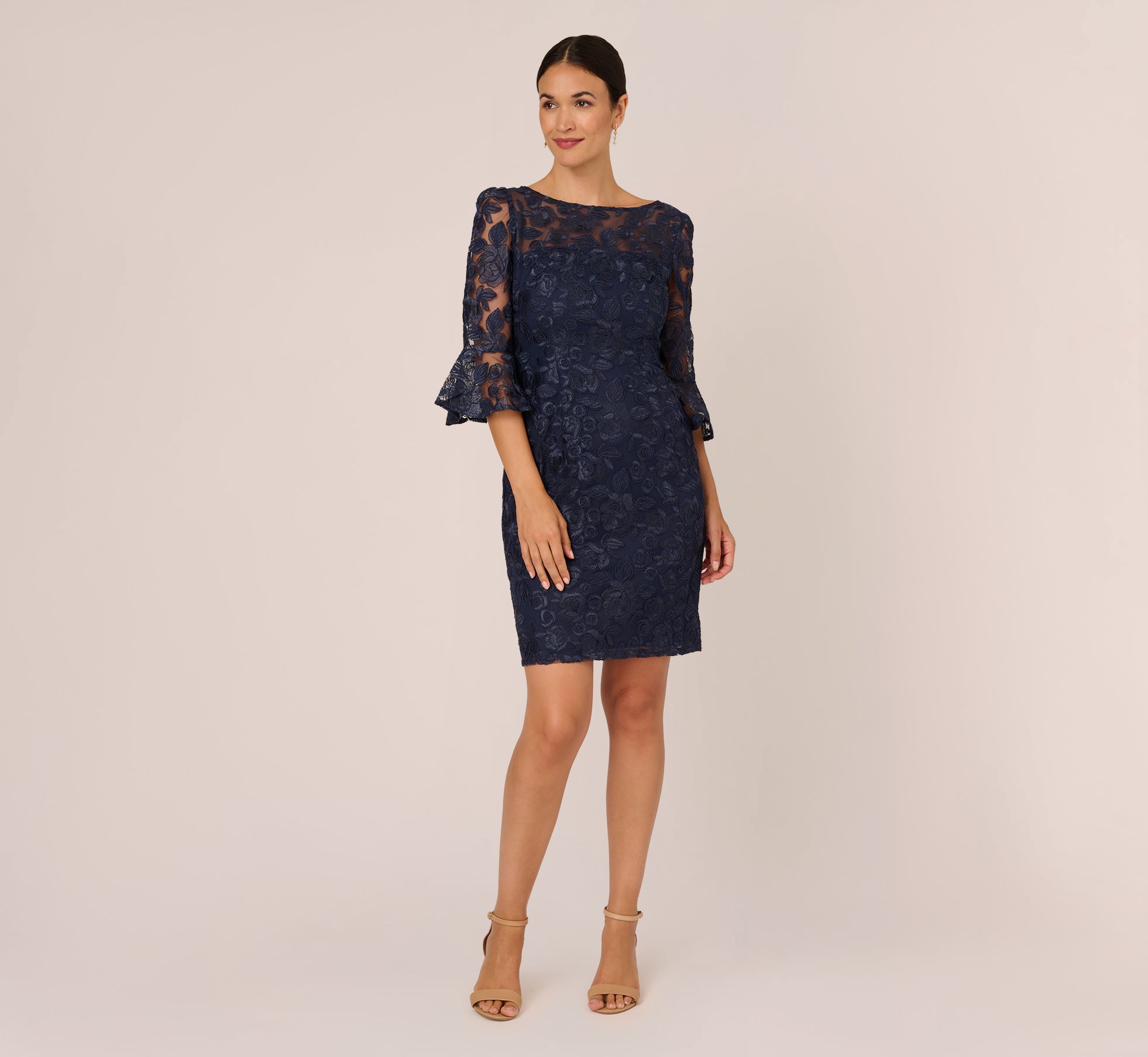 Bell Sleeve Rose Embroidered Sheath Dress In Midnight Adrianna