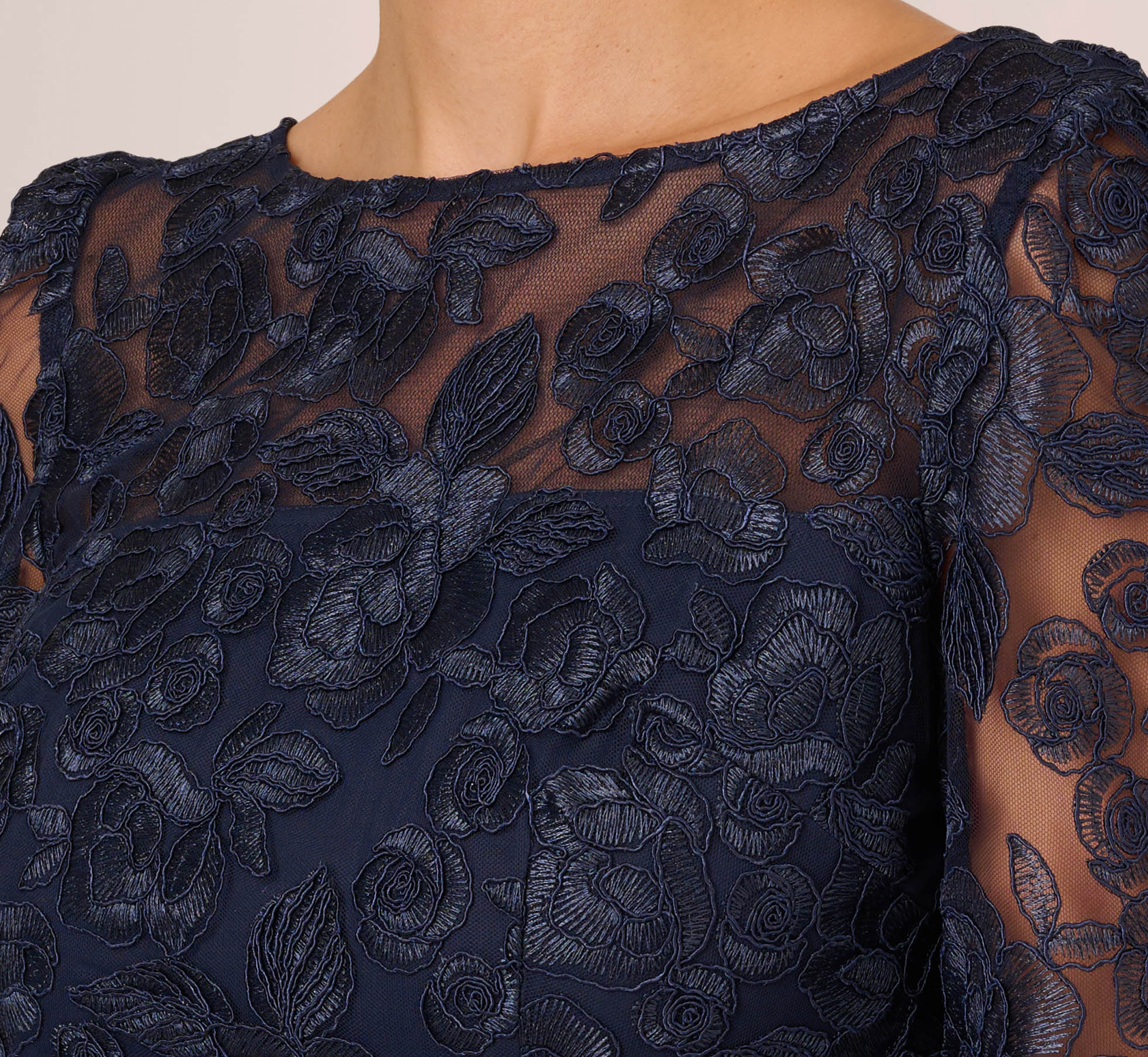 Bell Sleeve Rose Embroidered Sheath Dress In Midnight | Adrianna