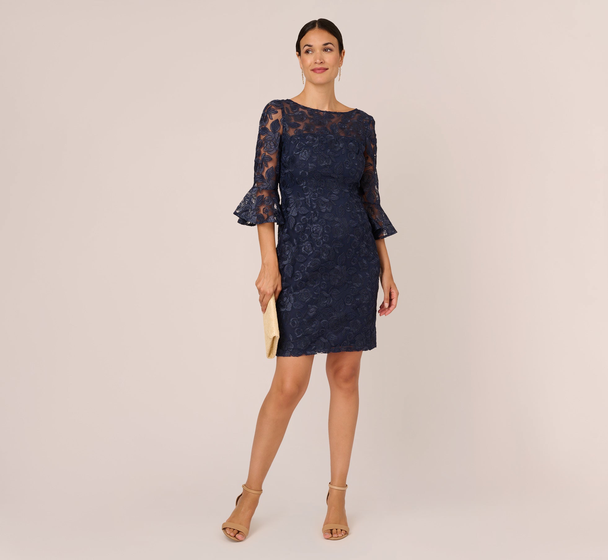 Bell Sleeve Rose Embroidered Sheath Dress In Midnight Adrianna