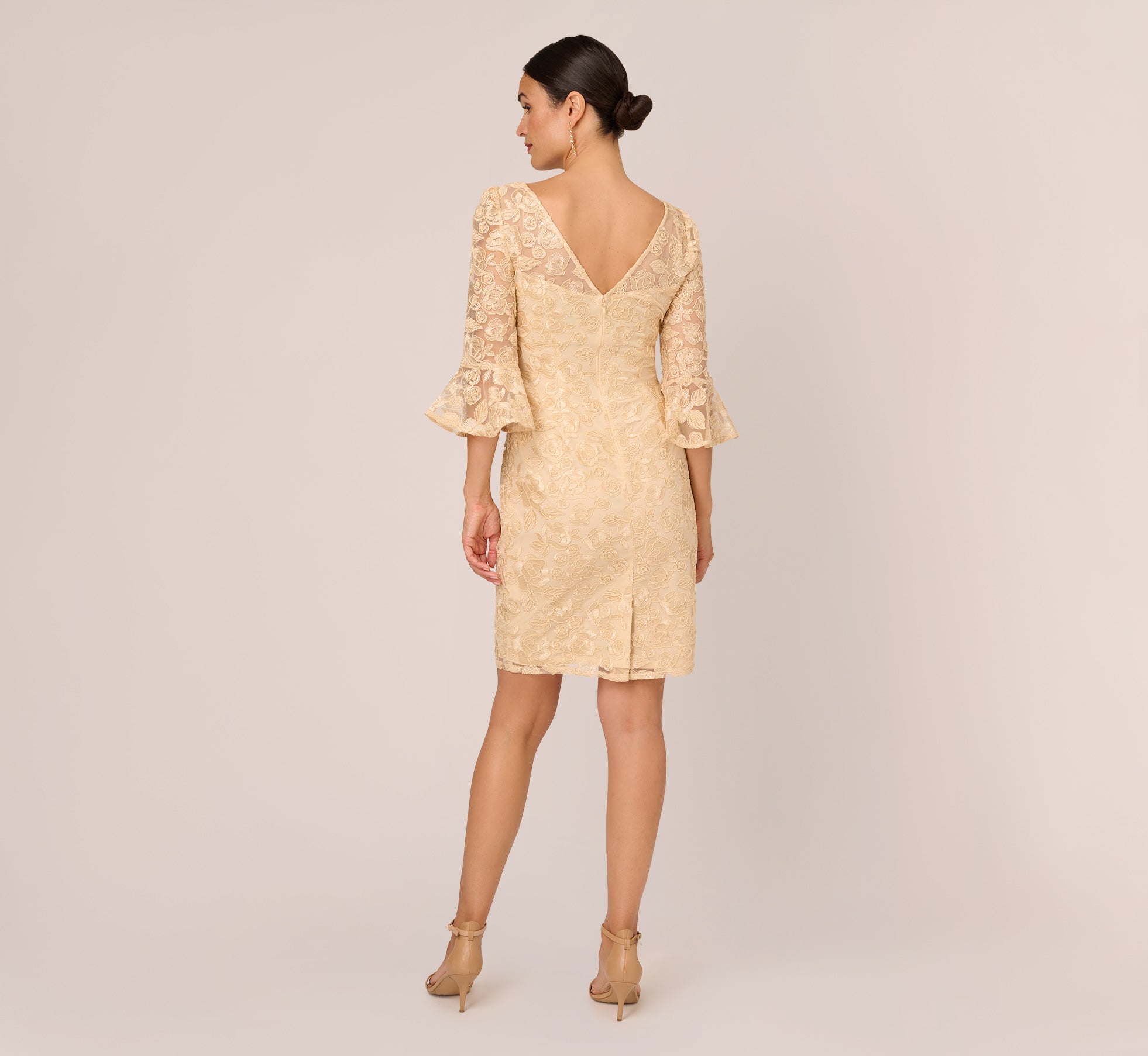 Bell Sleeve Rose Embroidered Sheath Dress In Light Champagne