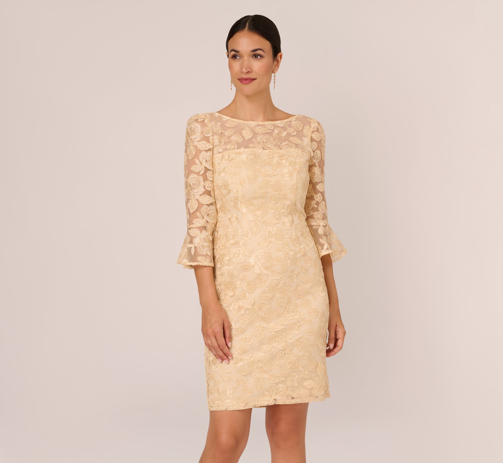 Bell Sleeve Rose Embroidered Sheath Dress In Light Champagne