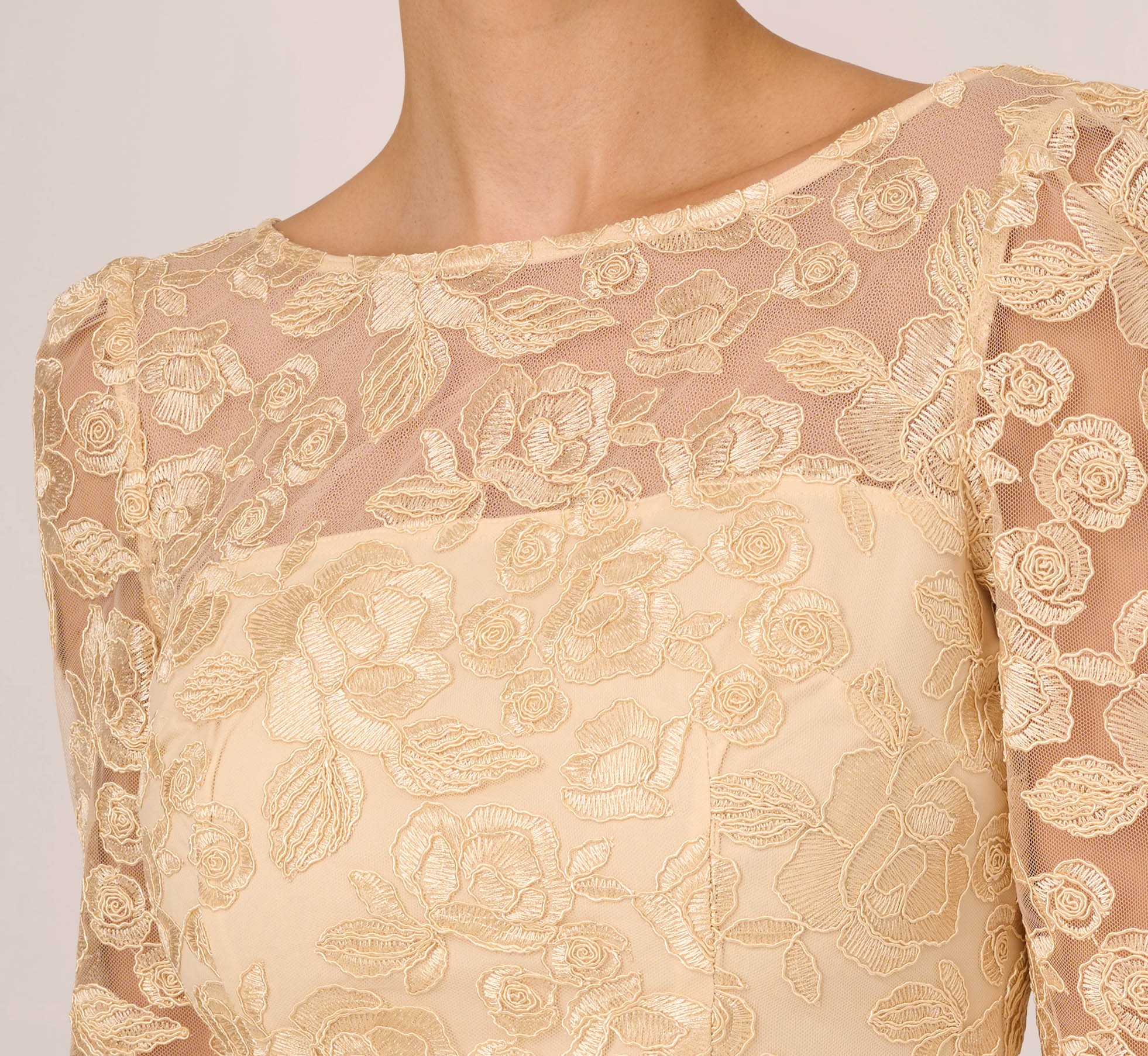 Bell Sleeve Rose Embroidered Sheath Dress In Light Champagne