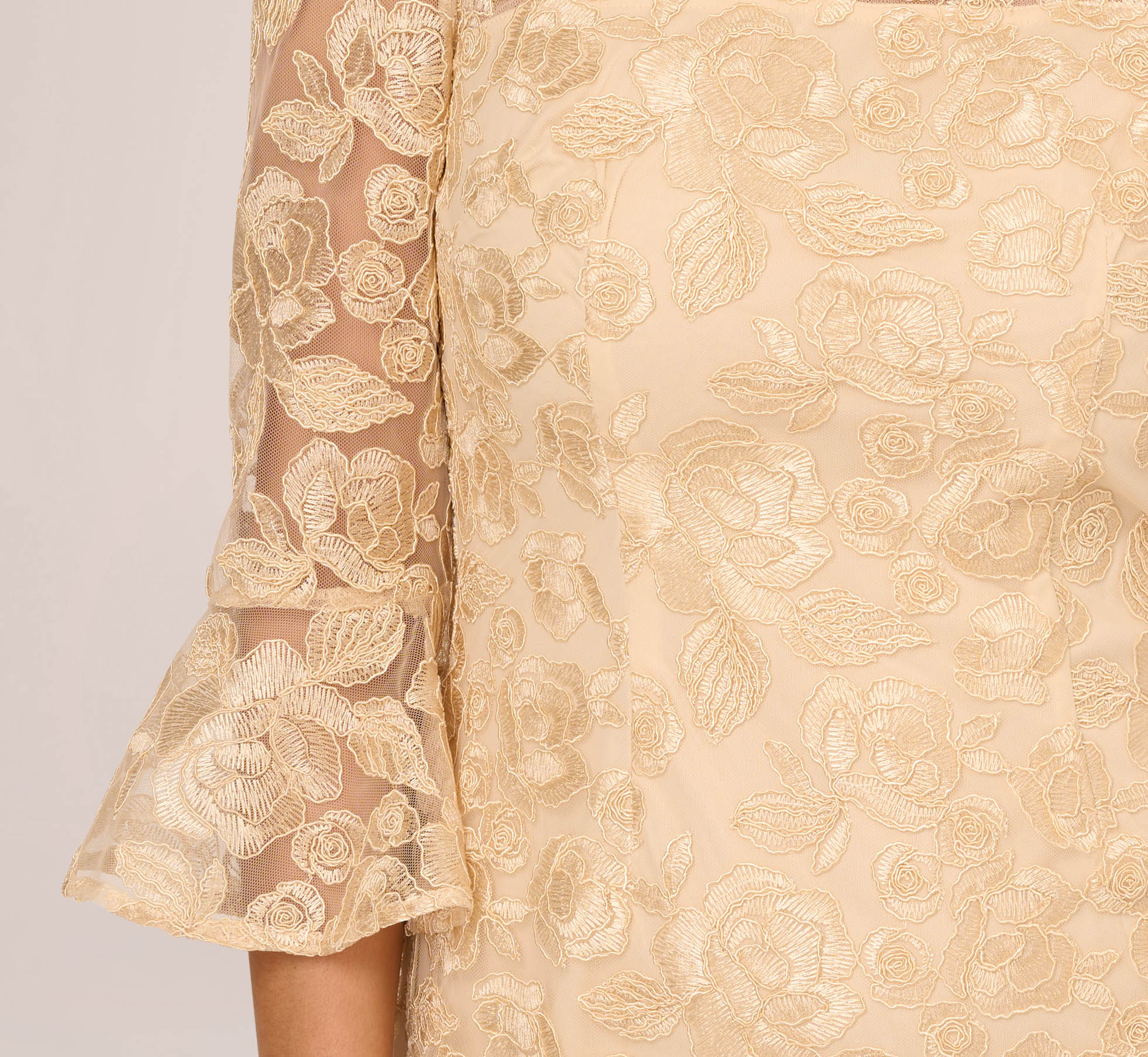 Bell Sleeve Rose Embroidered Sheath Dress In Light Champagne