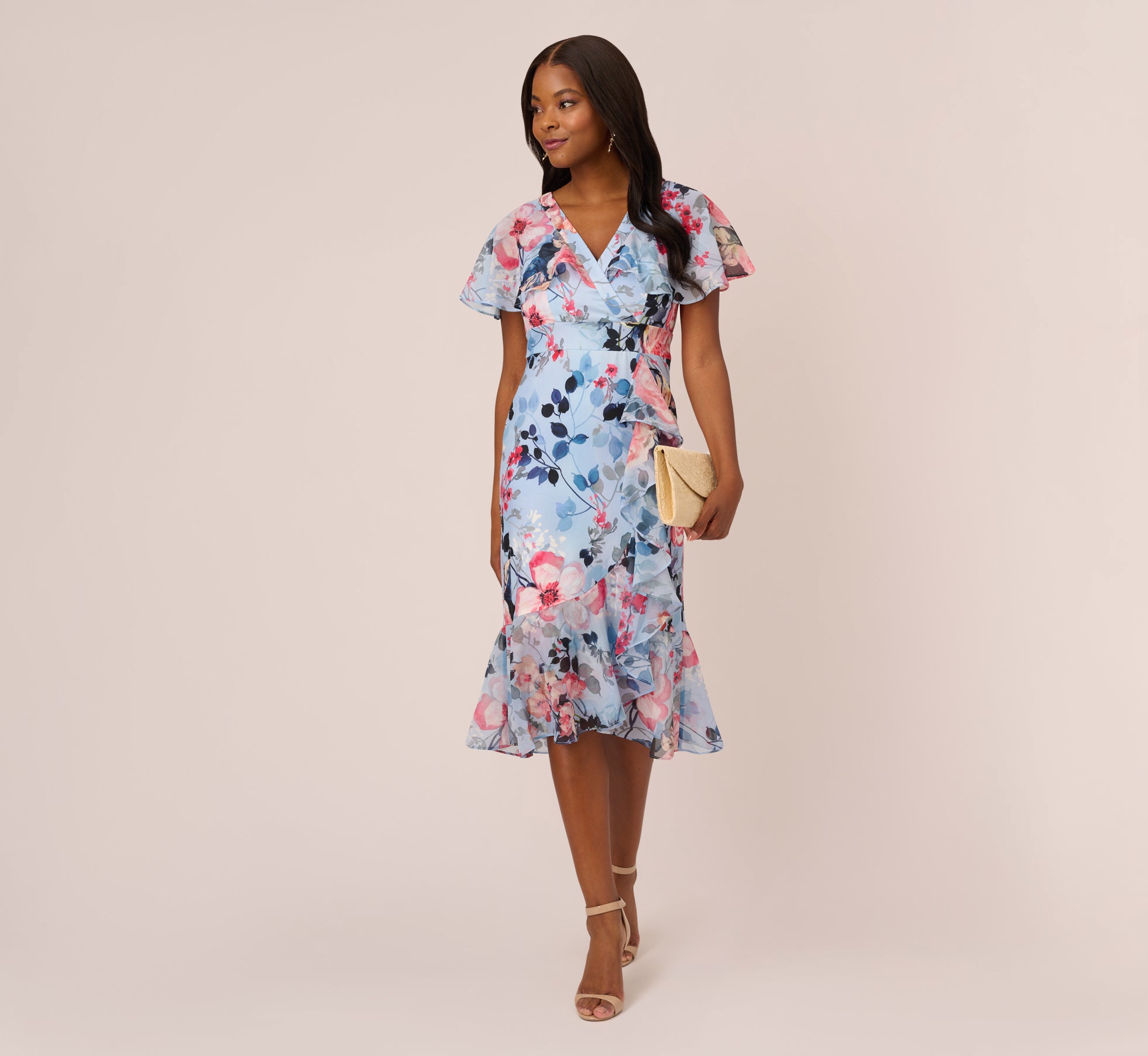 Floral Faux Wrap Dress In Blue Multi Adrianna Papell