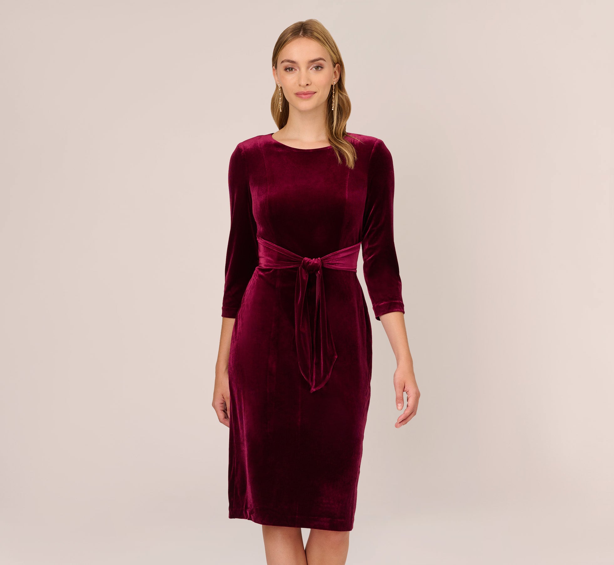 Velvet Tie Front Midi Dress With Three Quarter Sleeves In Burgundy