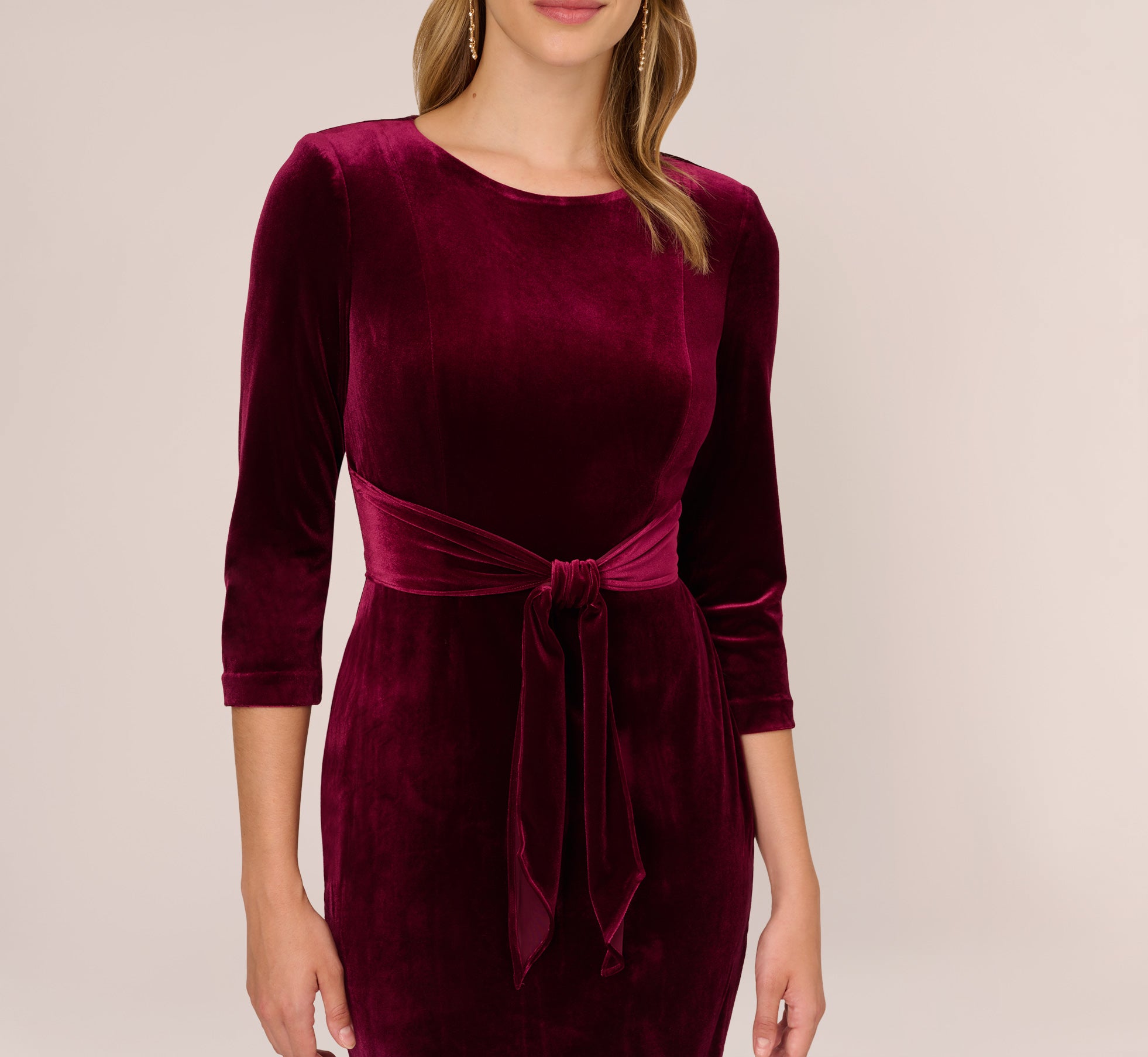 Velvet Tie Front Midi Dress With Three Quarter Sleeves In Burgundy