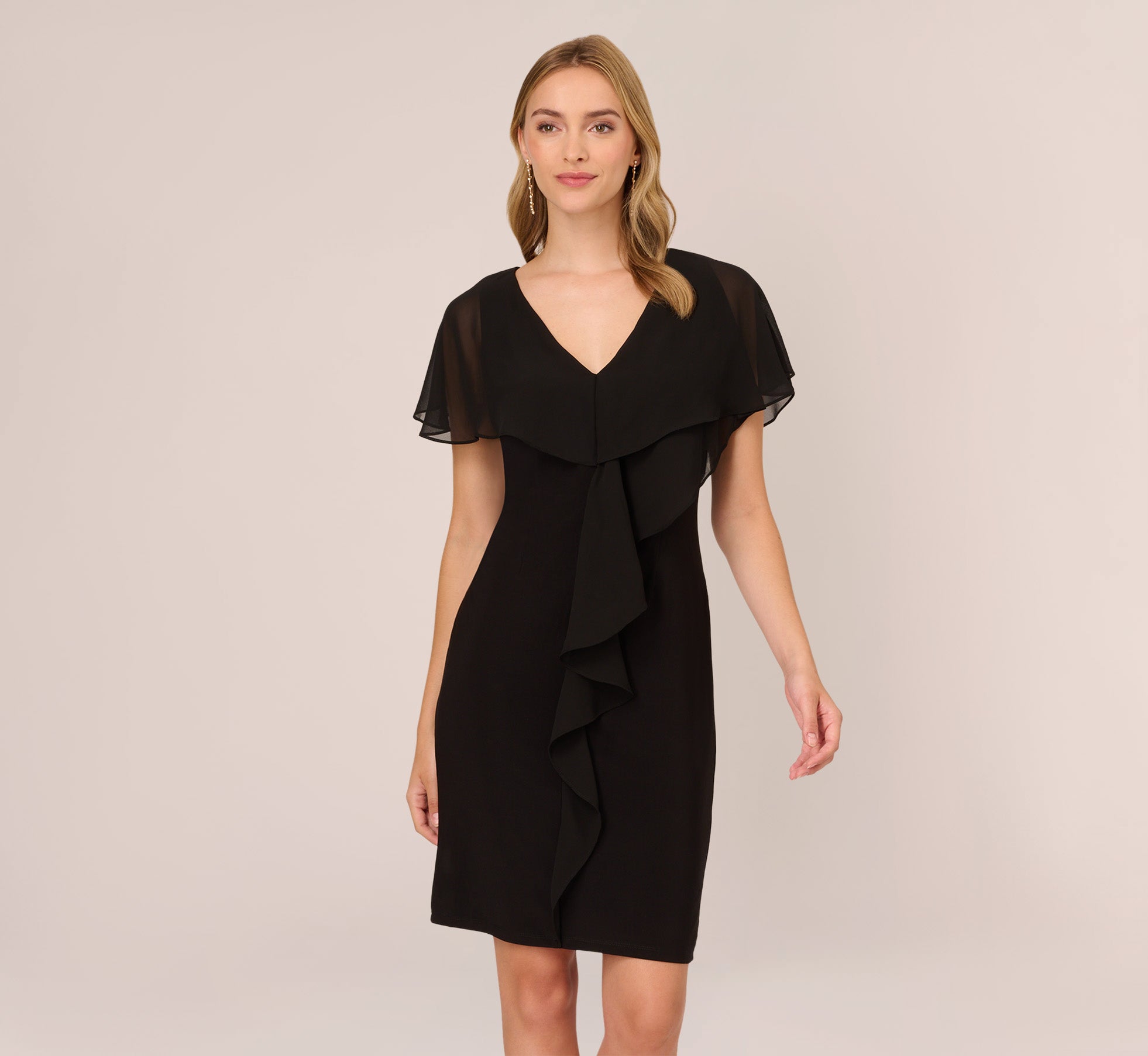 Jersey And Chiffon Midi Length Ruffled Sheath Dress In Black