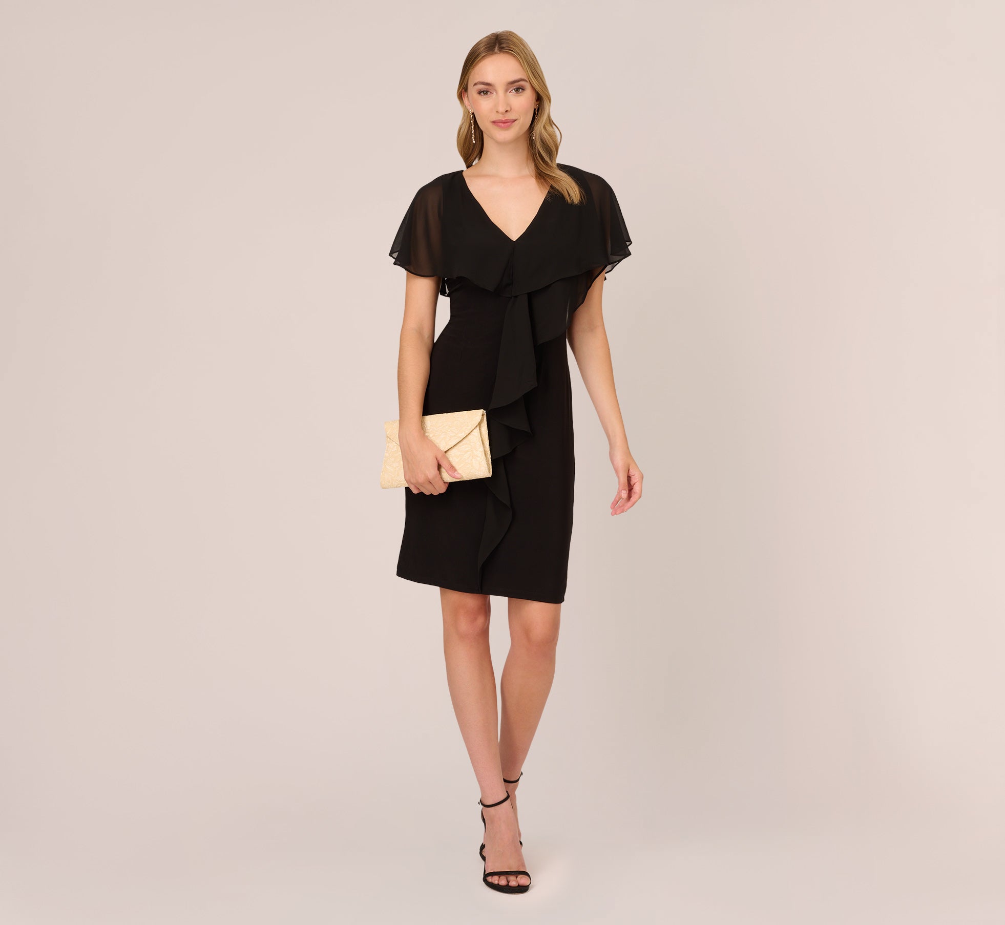 Jersey And Chiffon Midi Length Ruffled Sheath Dress In Black