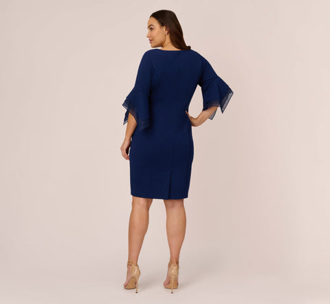 Plus Size Knit Crepe Sheath Dress With Tiered Three Quarter Sleeves In Navy Sateen